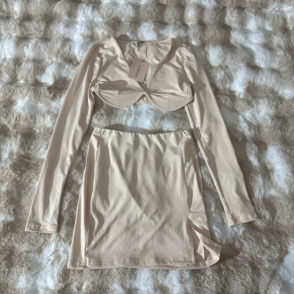 Cream Long Sleeve Crop Top and Skirt Set